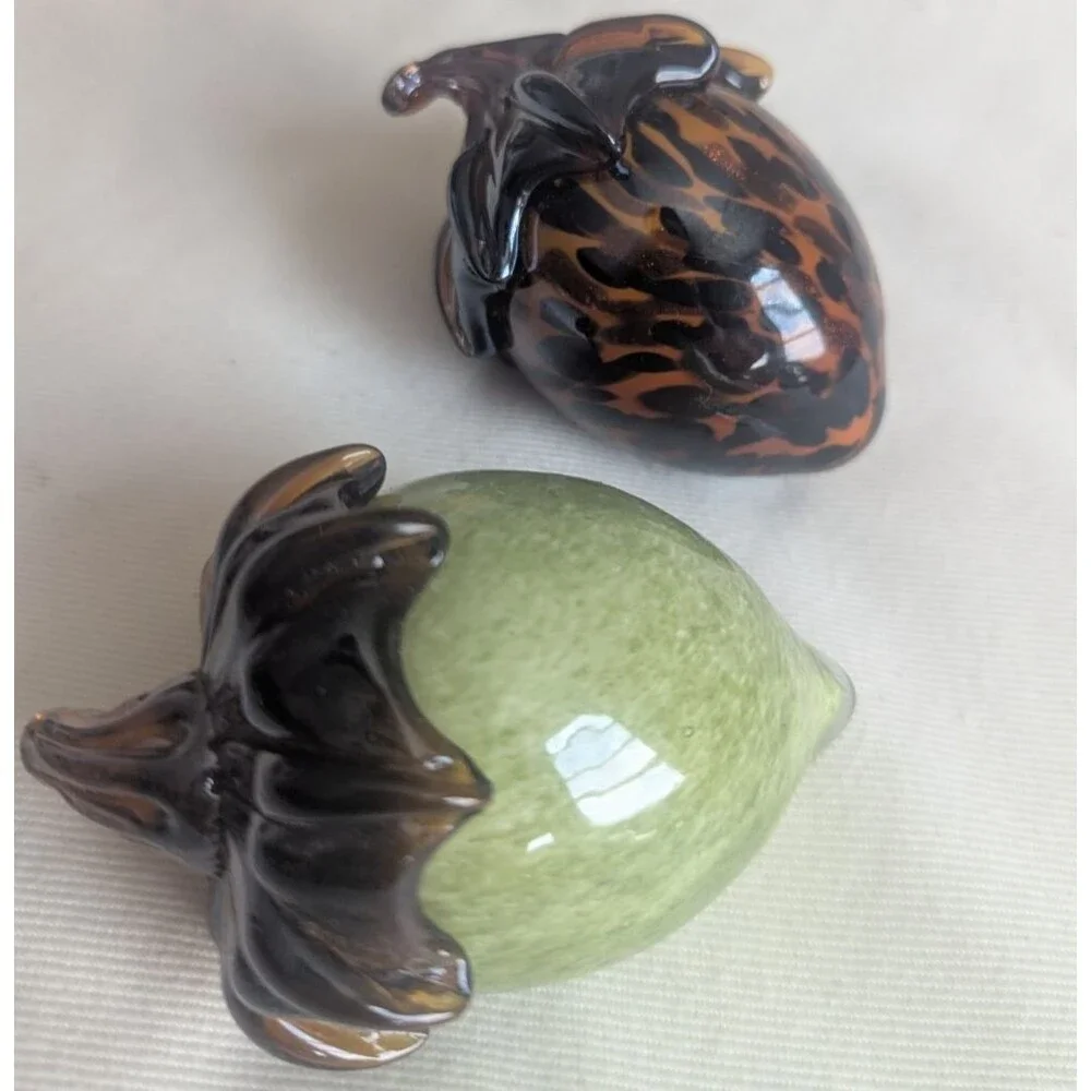 Lot Of 2 Acorns Heavy Blown Glass Fall Decor Orange & Green Paperweight Speckled